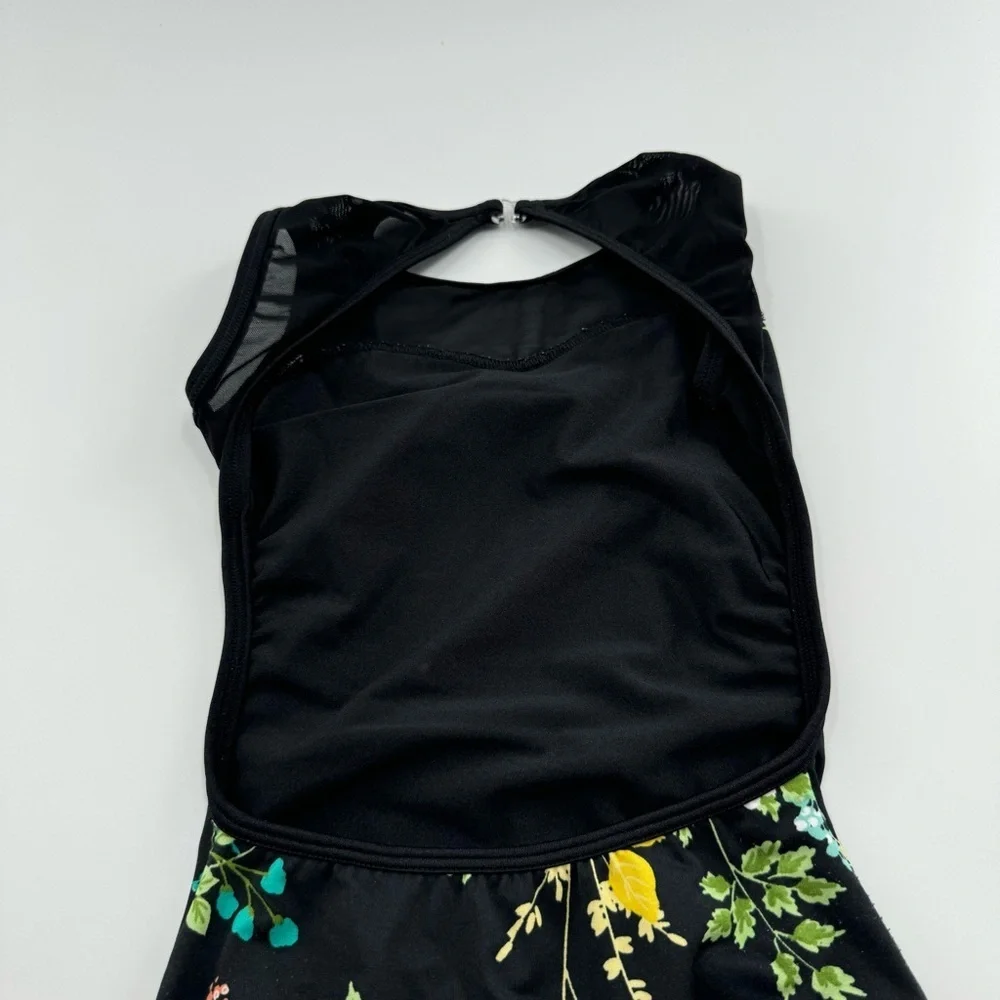 Chelsea B Dance Bodysuit – Child XS, Black w/ Floral Print, Mesh Neckline & Open